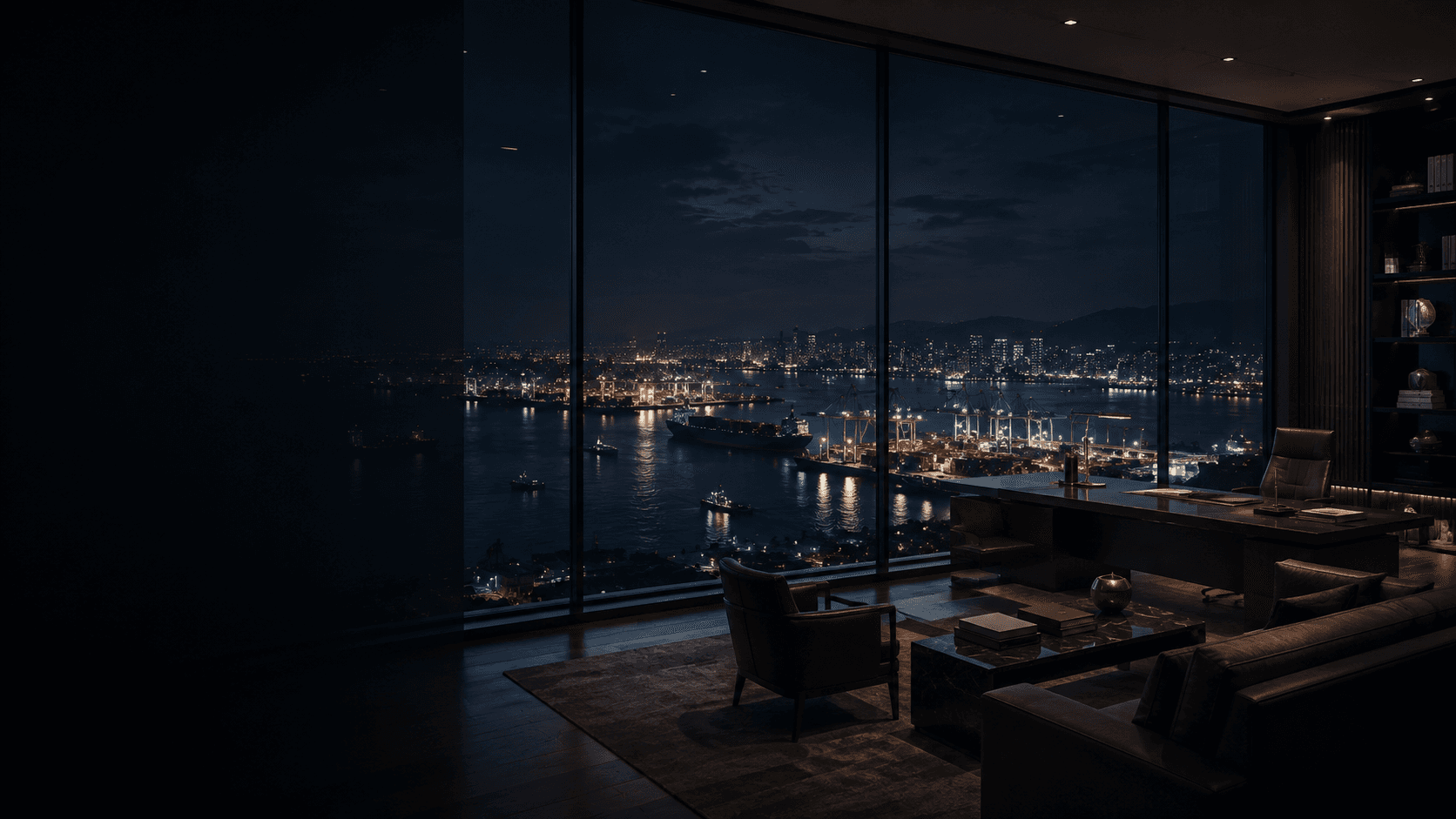 Private executive strategy suite overlooking an international harbor at night